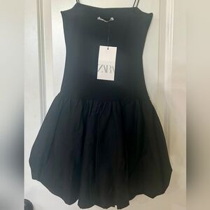 Zara Classic Black Midi Dress With Shoulder Straps